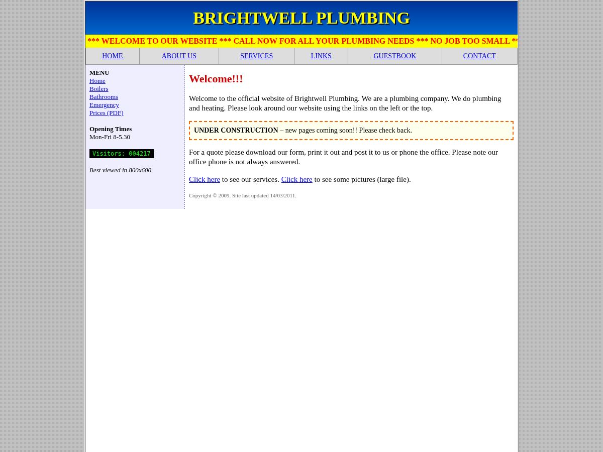 Example of a dated website design for a fictional plumber: cluttered, with a scrolling banner and tiny text