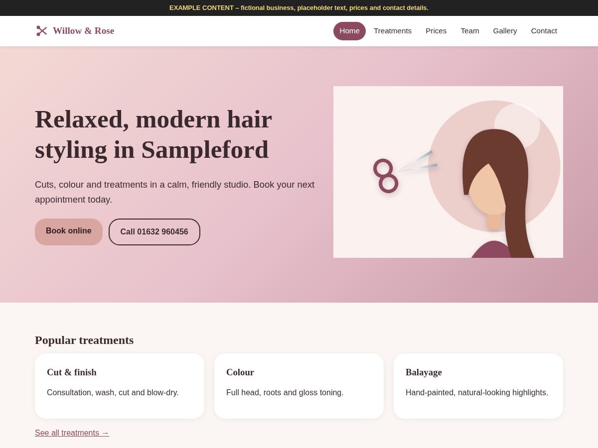 Example hair salon website home page